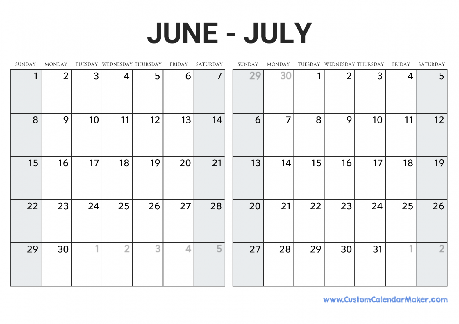 June and July  Printable Calendar Template