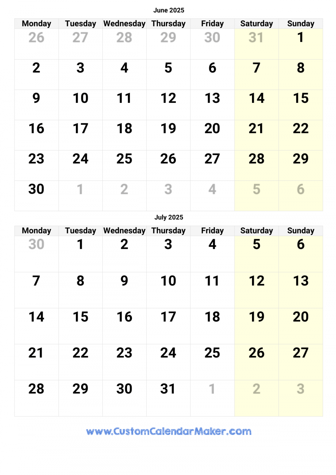 June and July  Printable Calendar Template