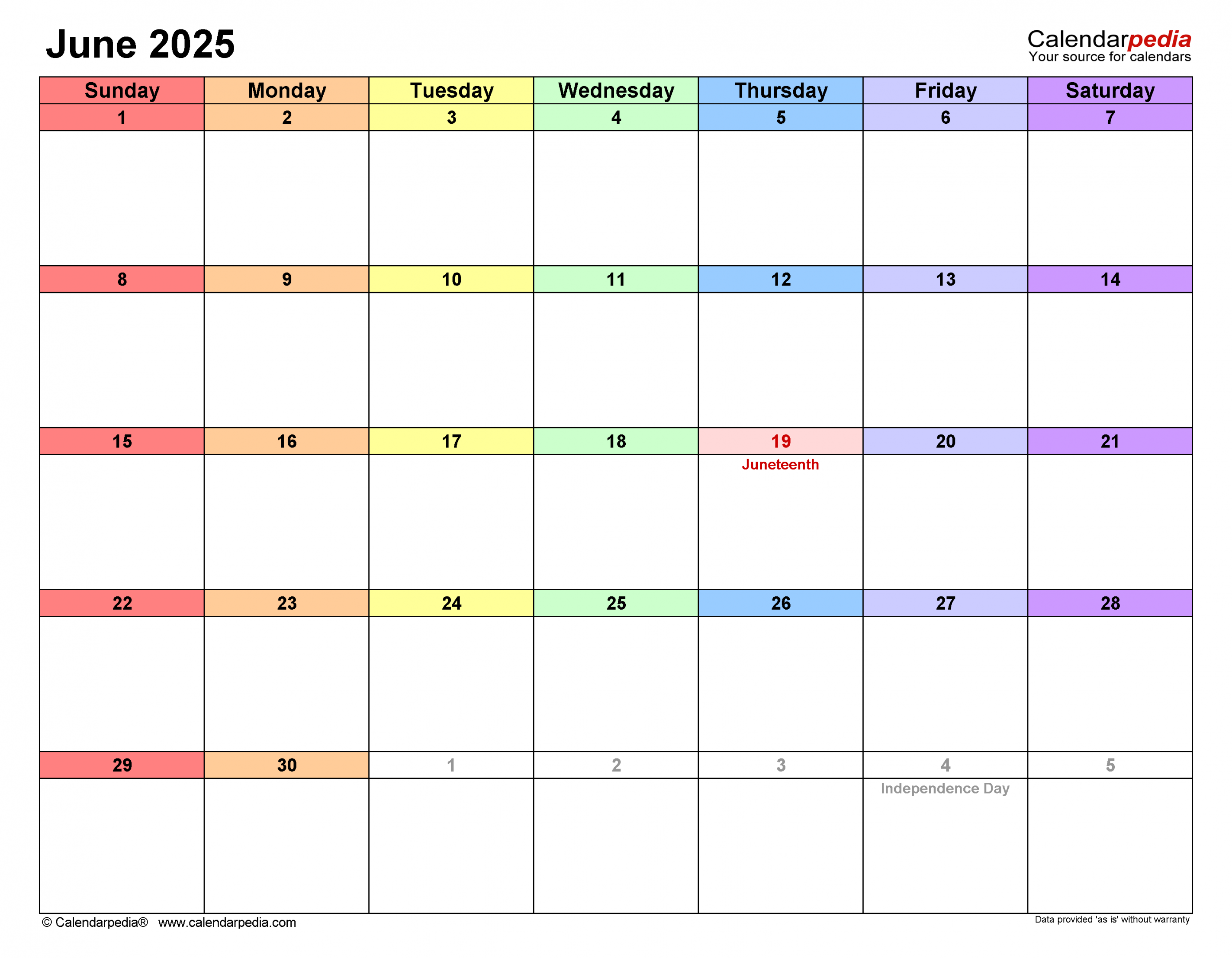 June  Calendar  Templates for Word, Excel and PDF