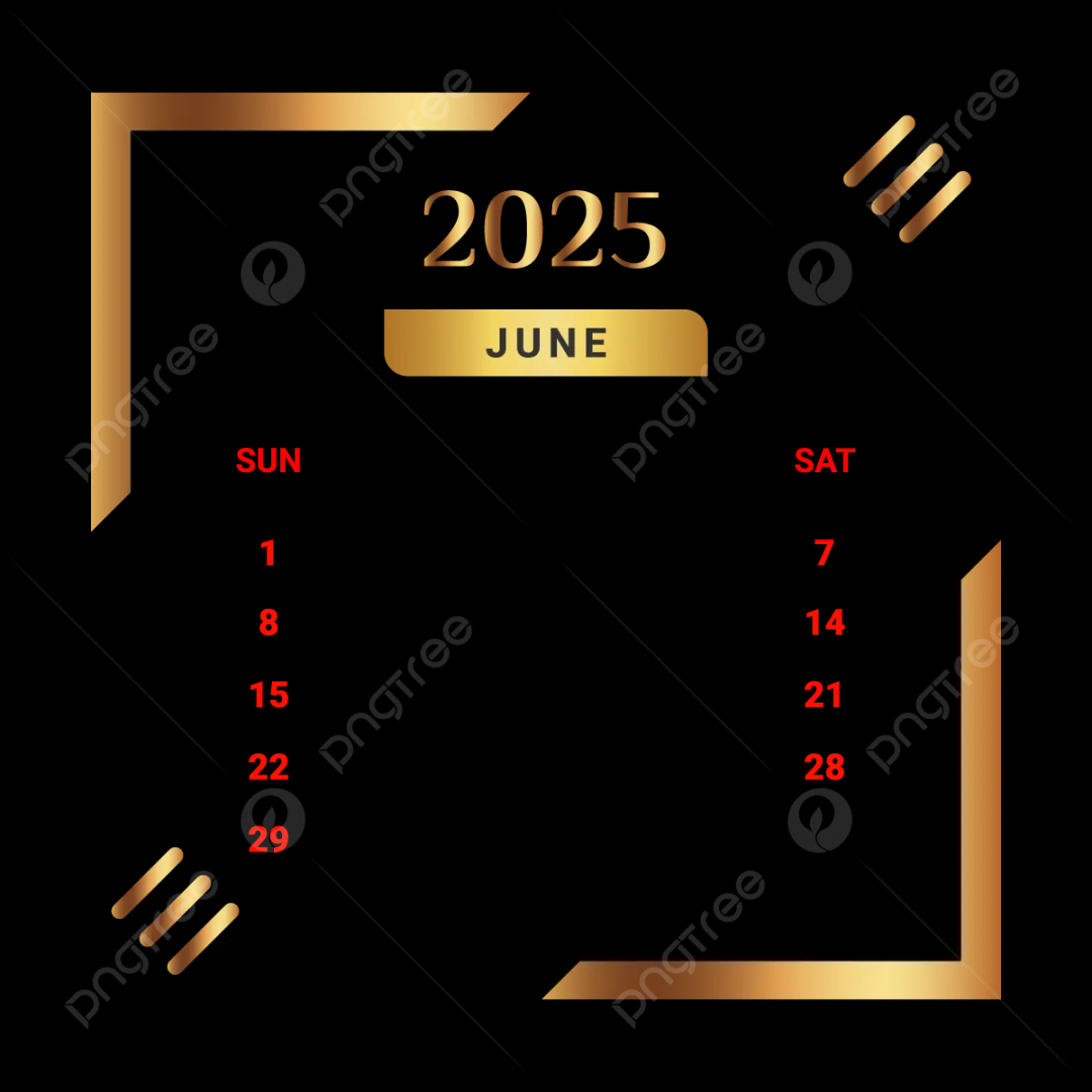 June Month Calendar With Black And Golden Vector, Monthly