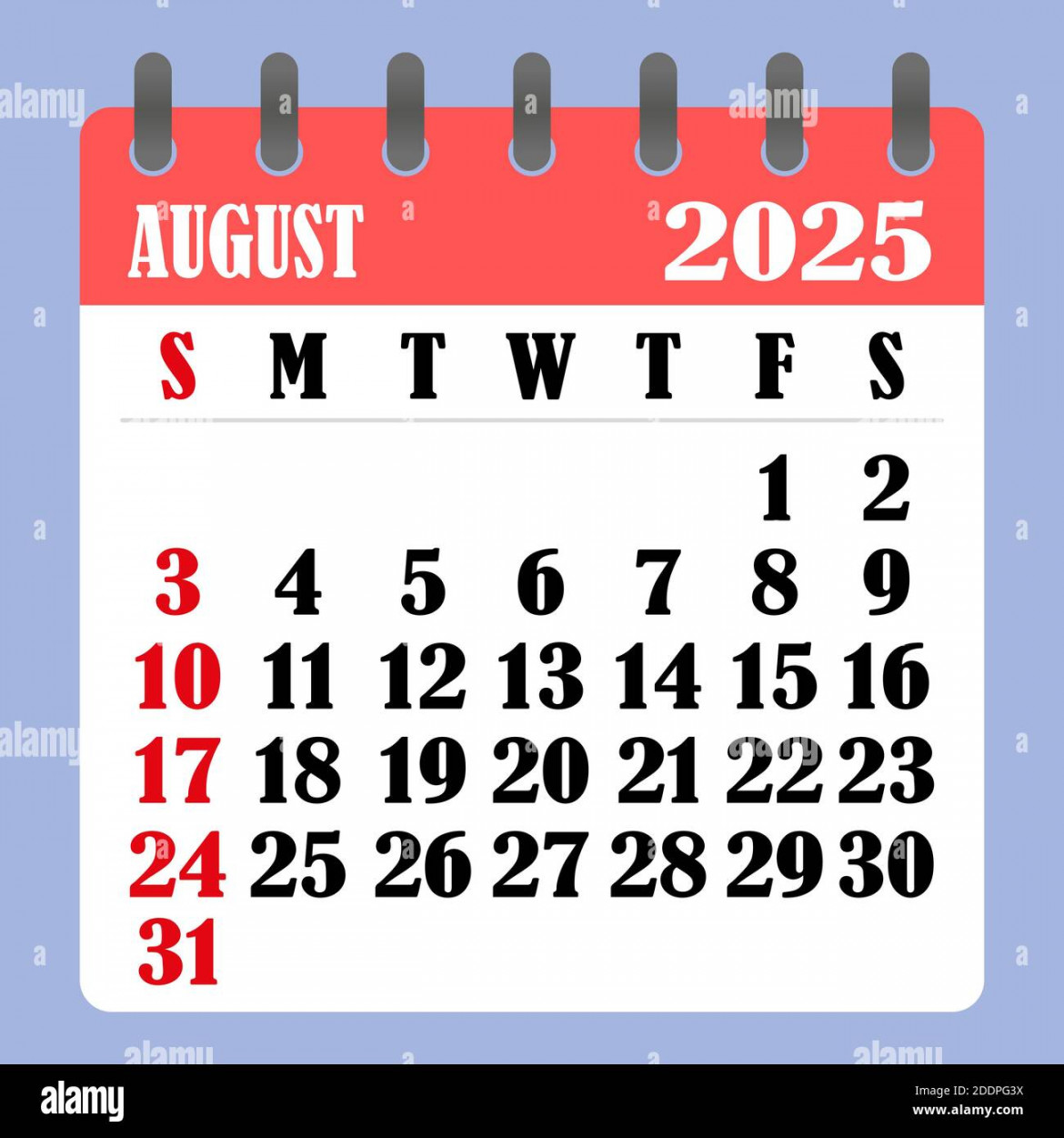 Letter calendar for August . The week begins on Sunday