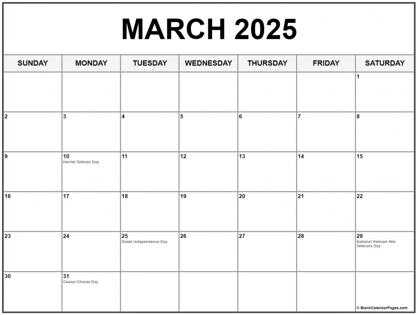 March  with holidays calendar