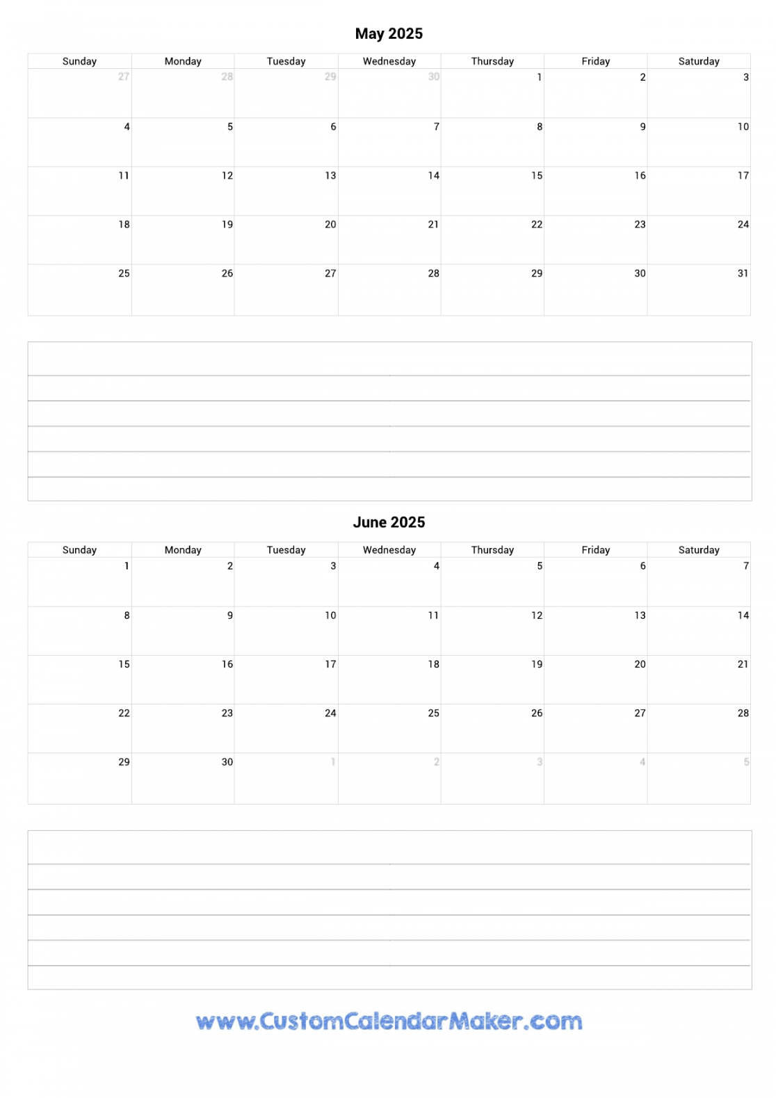 May and June  Printable Calendar Template