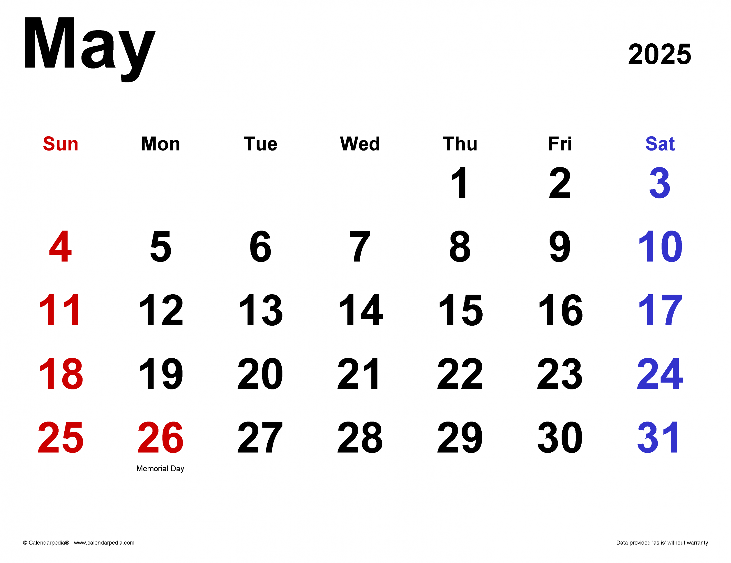 May  Calendar  Templates for Word, Excel and PDF