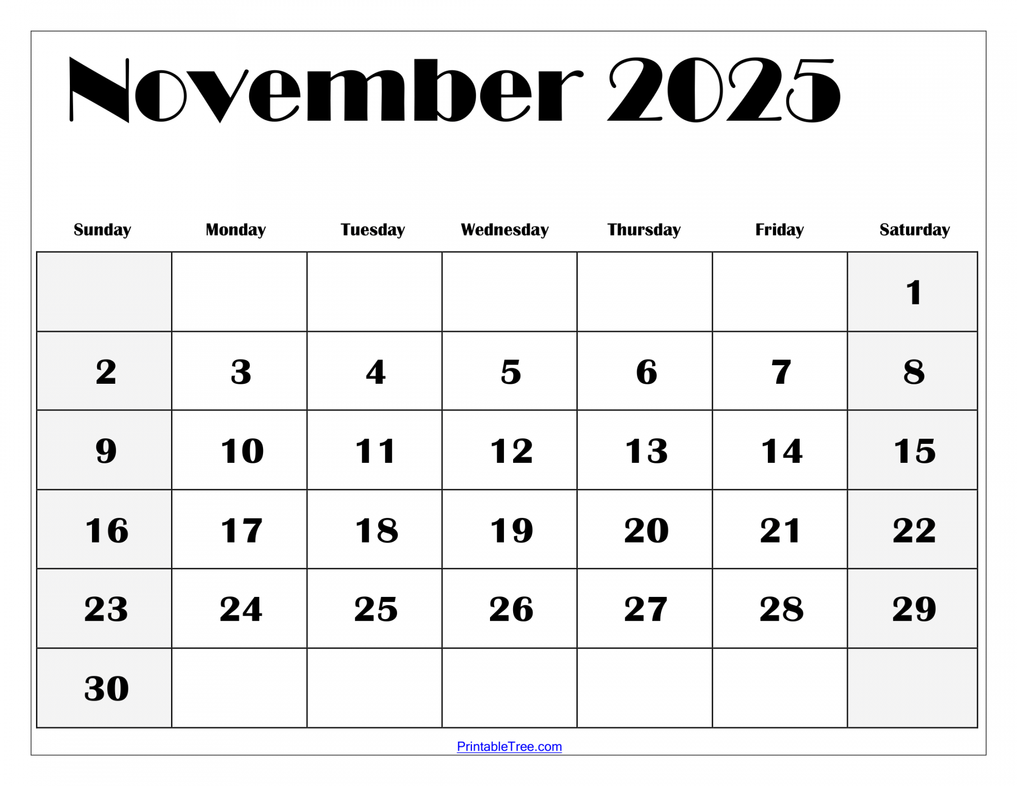 November  Calendar Printable PDF Template with Holidays