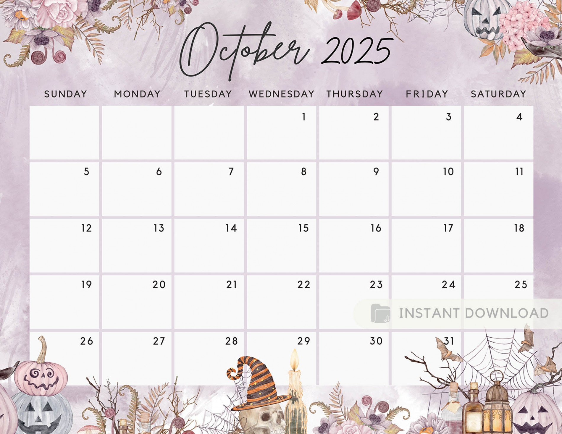 November  Calendar, Spooky Floral Halloween Sweet Pumpkins Printable  Fillable Editable Calendar Planner Plan Insert - Instant Download