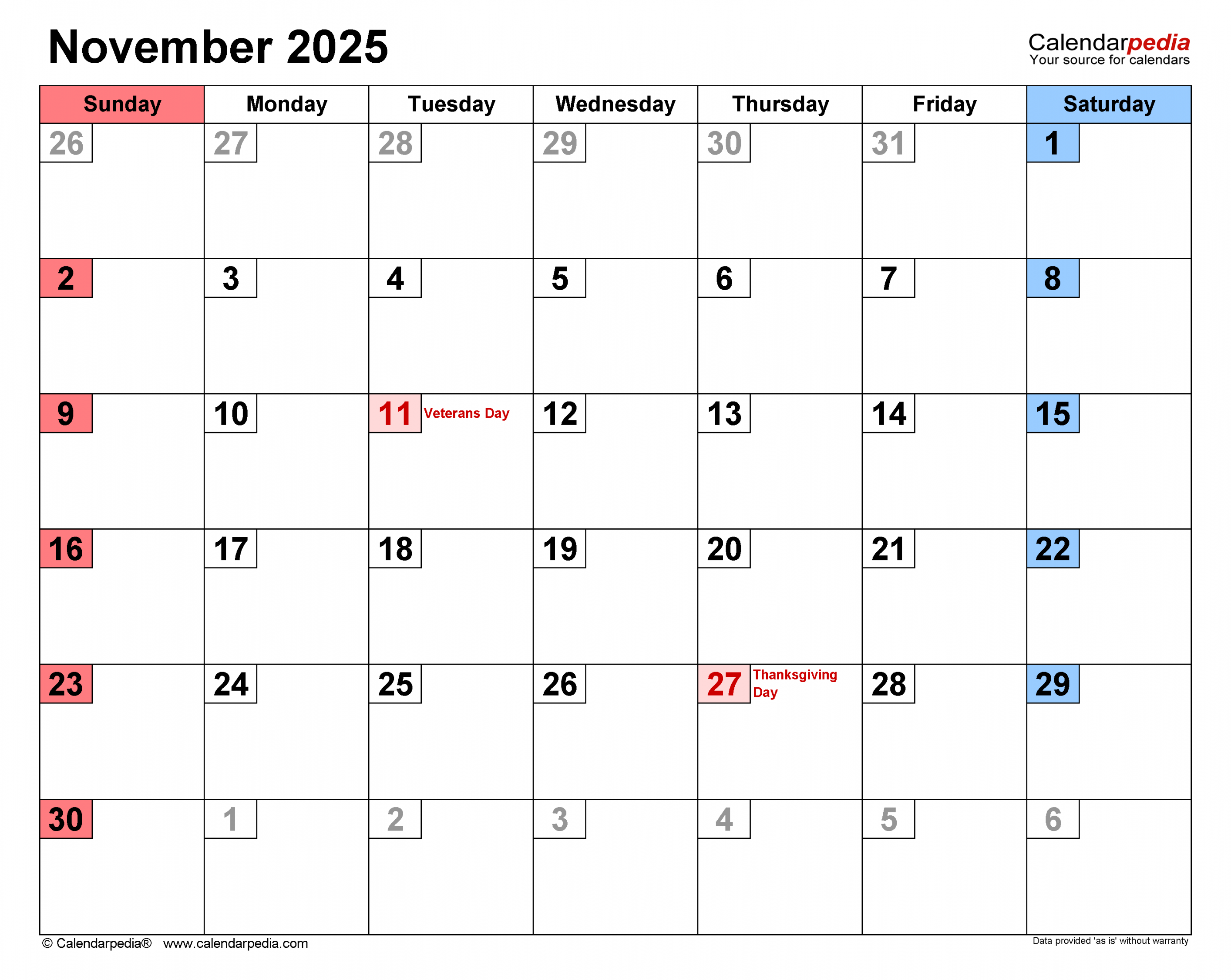 November  Calendar  Templates for Word, Excel and PDF