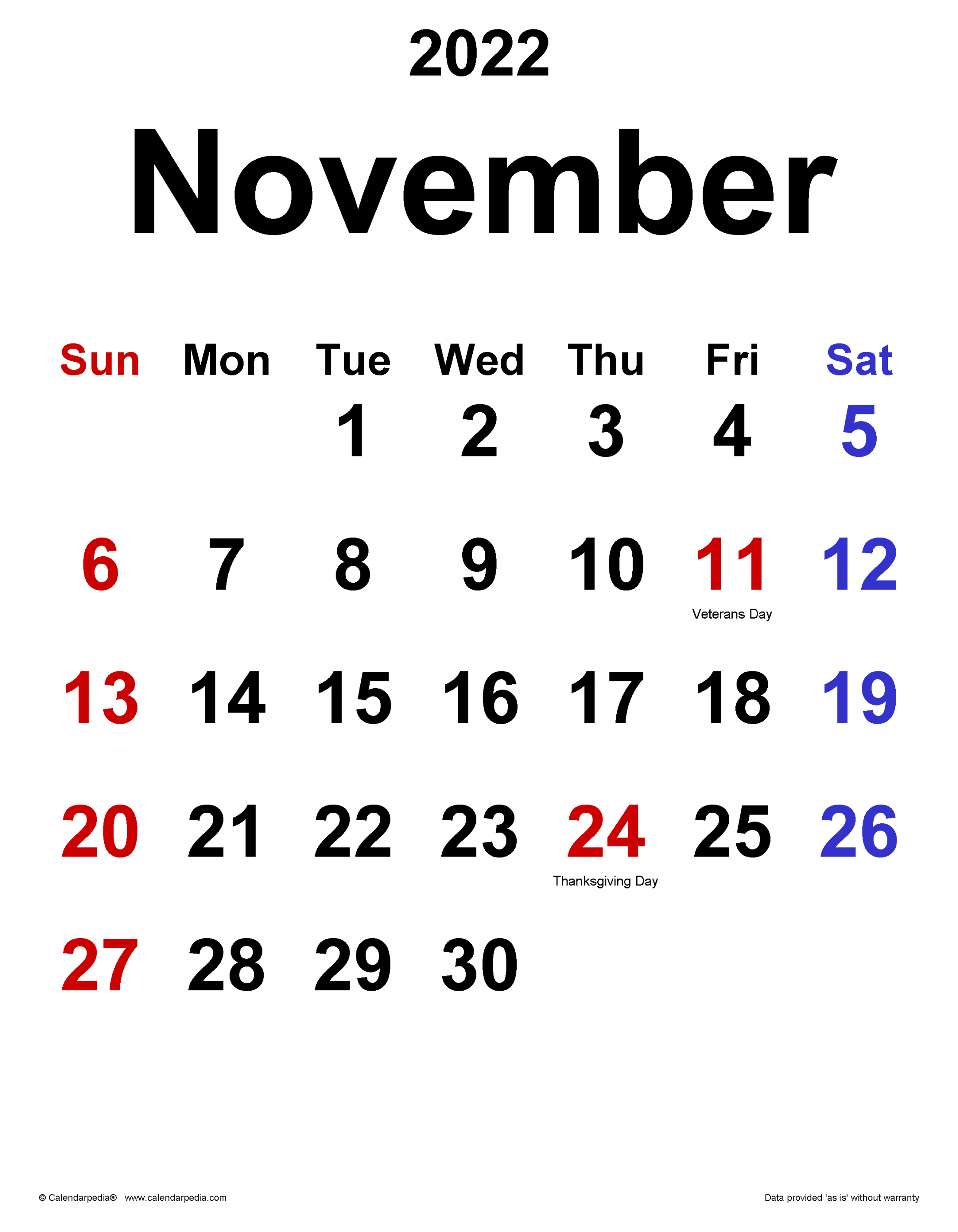 November  Calendar  Templates for Word, Excel and PDF