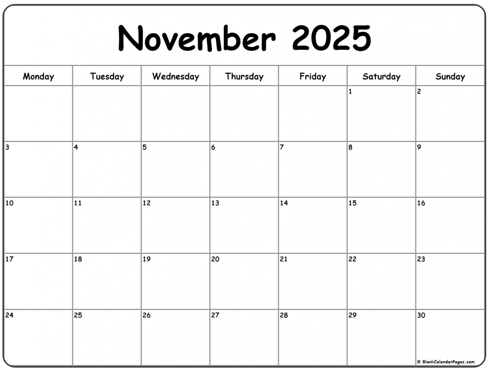 november monday calendar monday to sunday 1