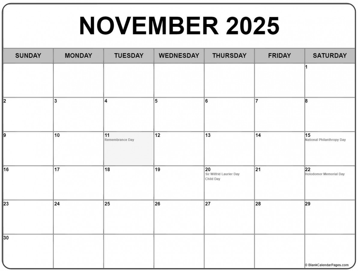 November  with holidays calendar