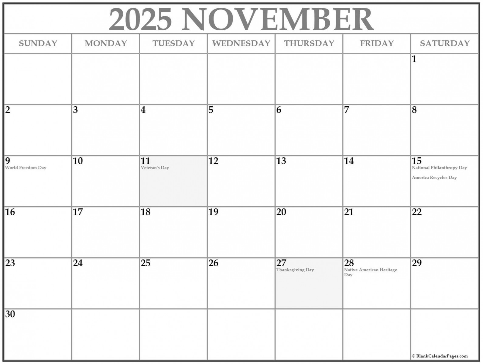 November  with holidays calendar