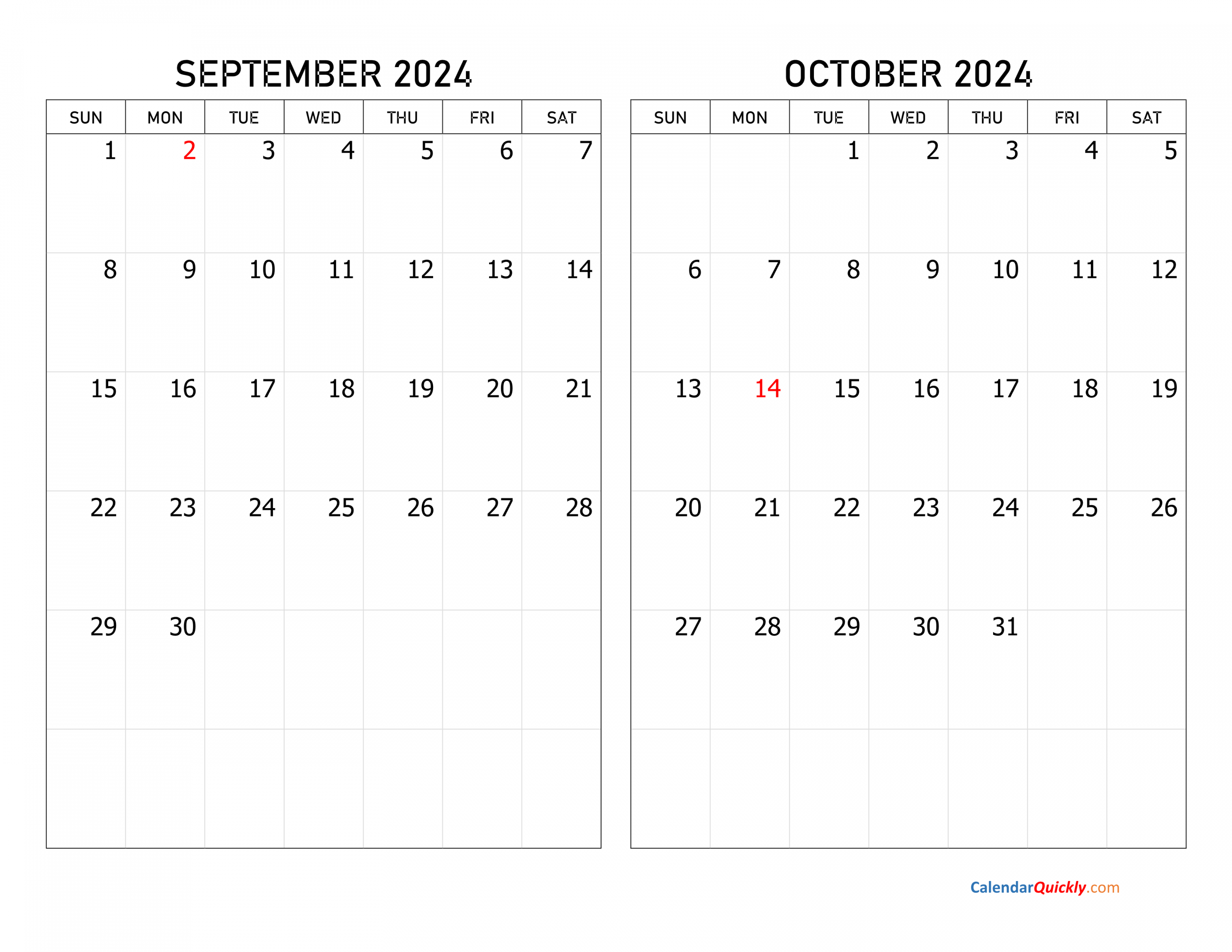 September and October  Calendar  Calendar Quickly