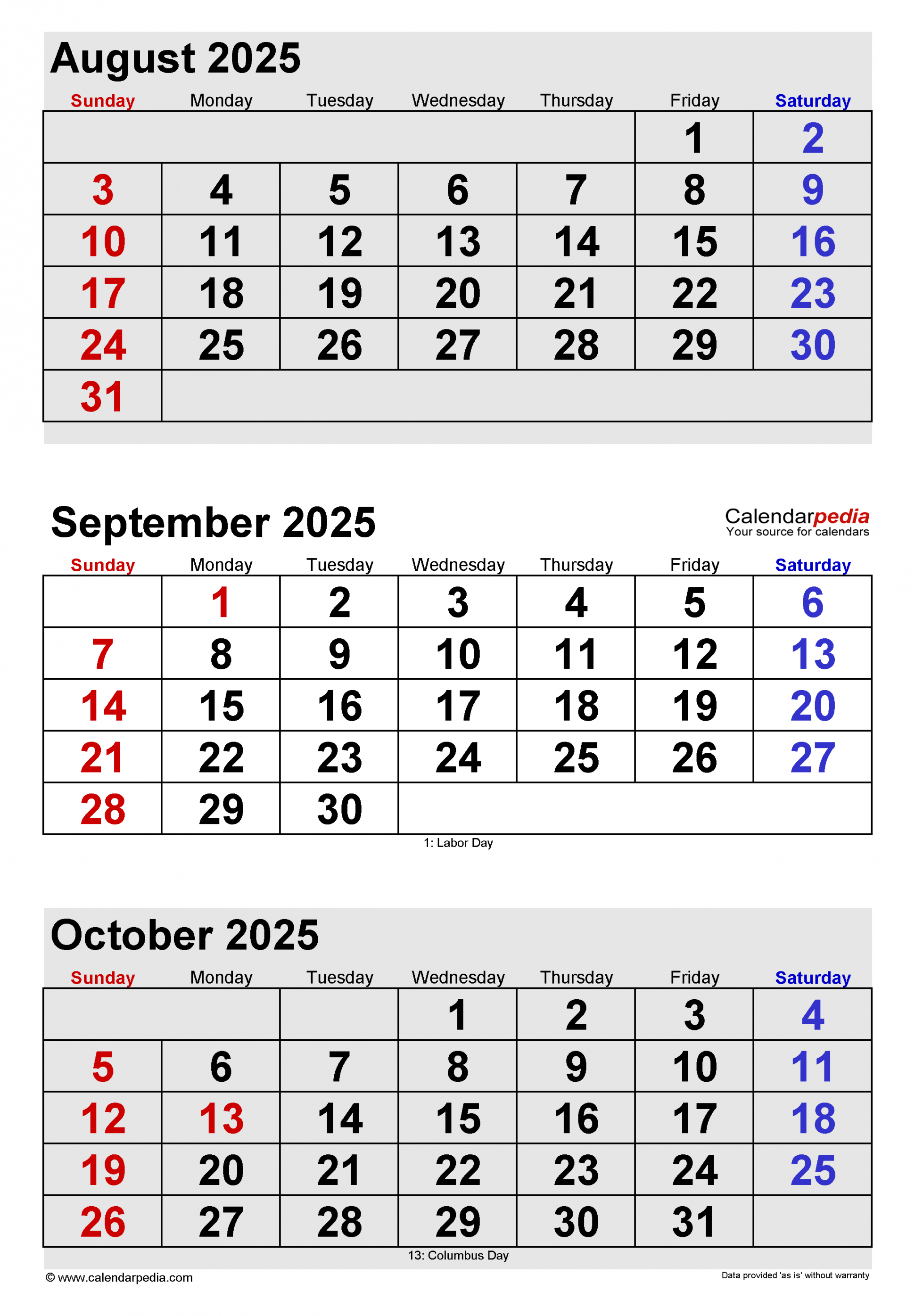 September  Calendar  Templates for Word, Excel and PDF