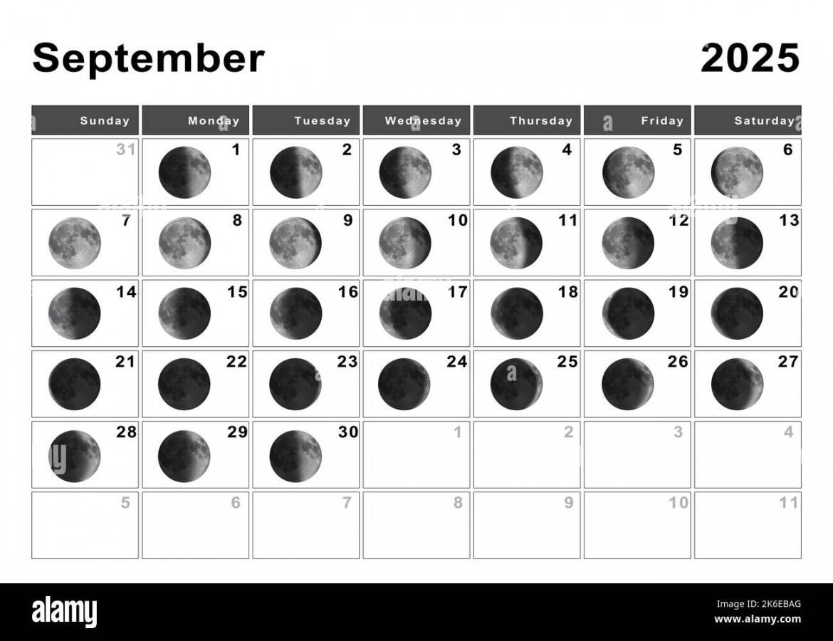 September  Lunar calendar, Moon cycles, Moon Phases Stock