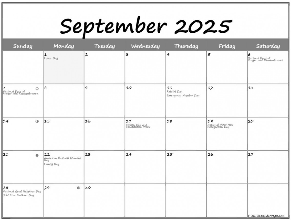 September  Lunar Calendar  Moon Phase Calendar