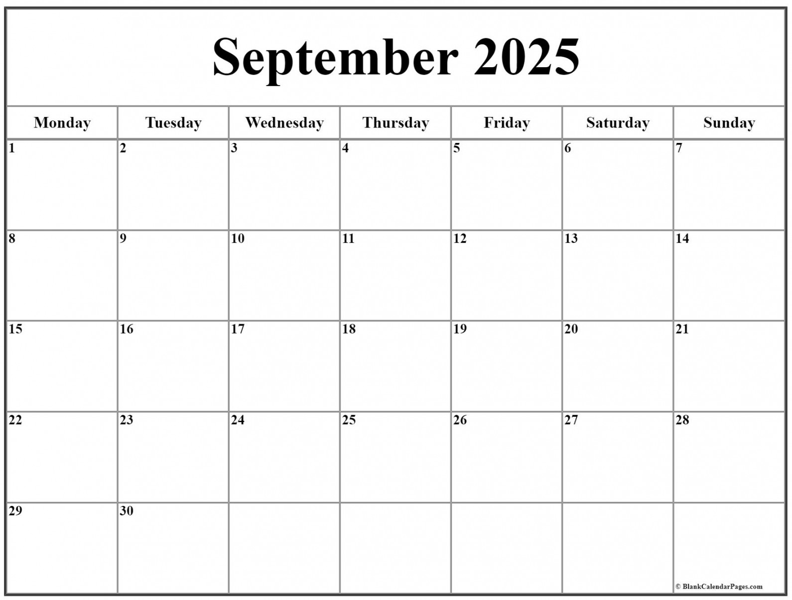 September  Monday Calendar  Monday to Sunday