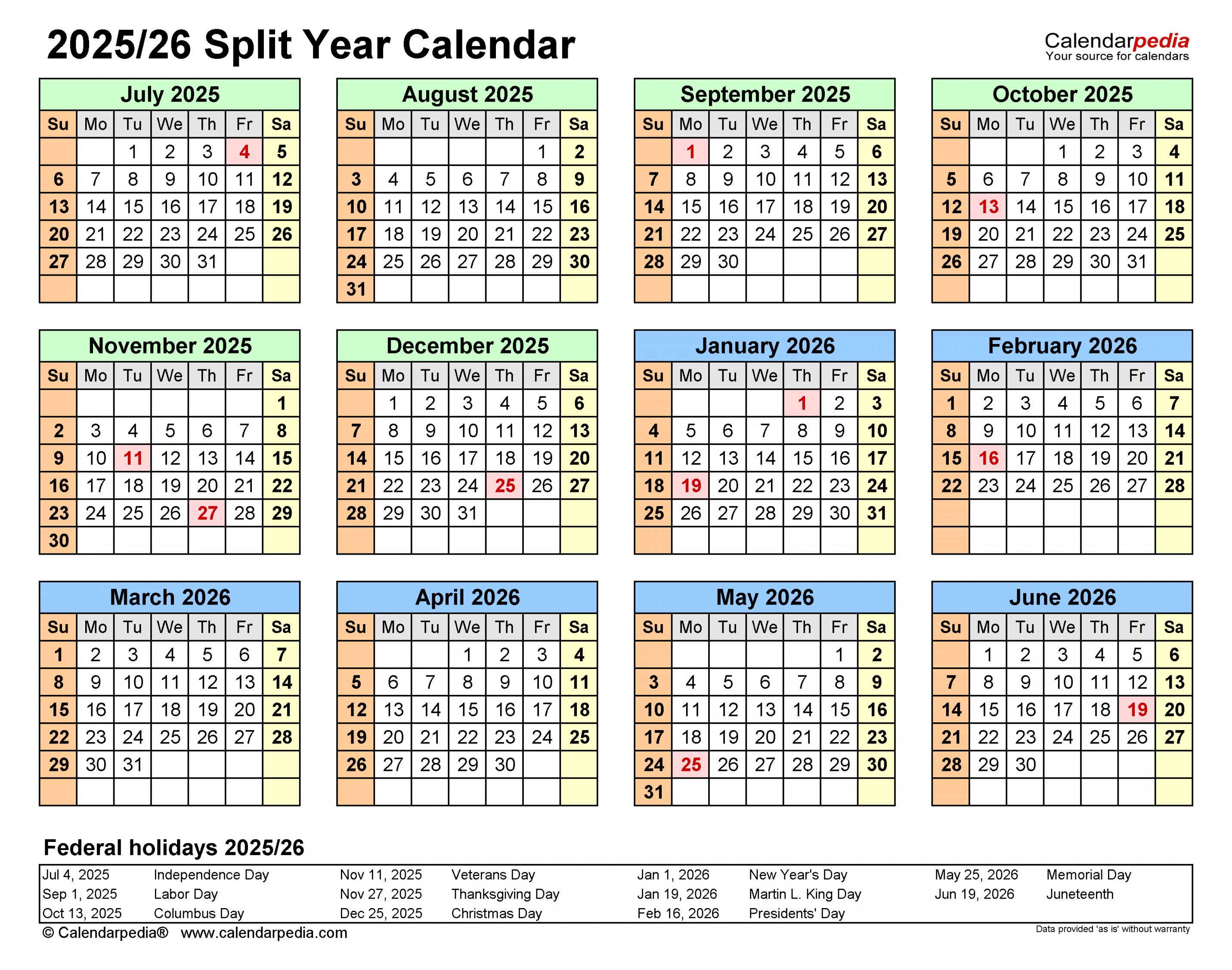 Split Year Calendars / (July to June) - PDF templates