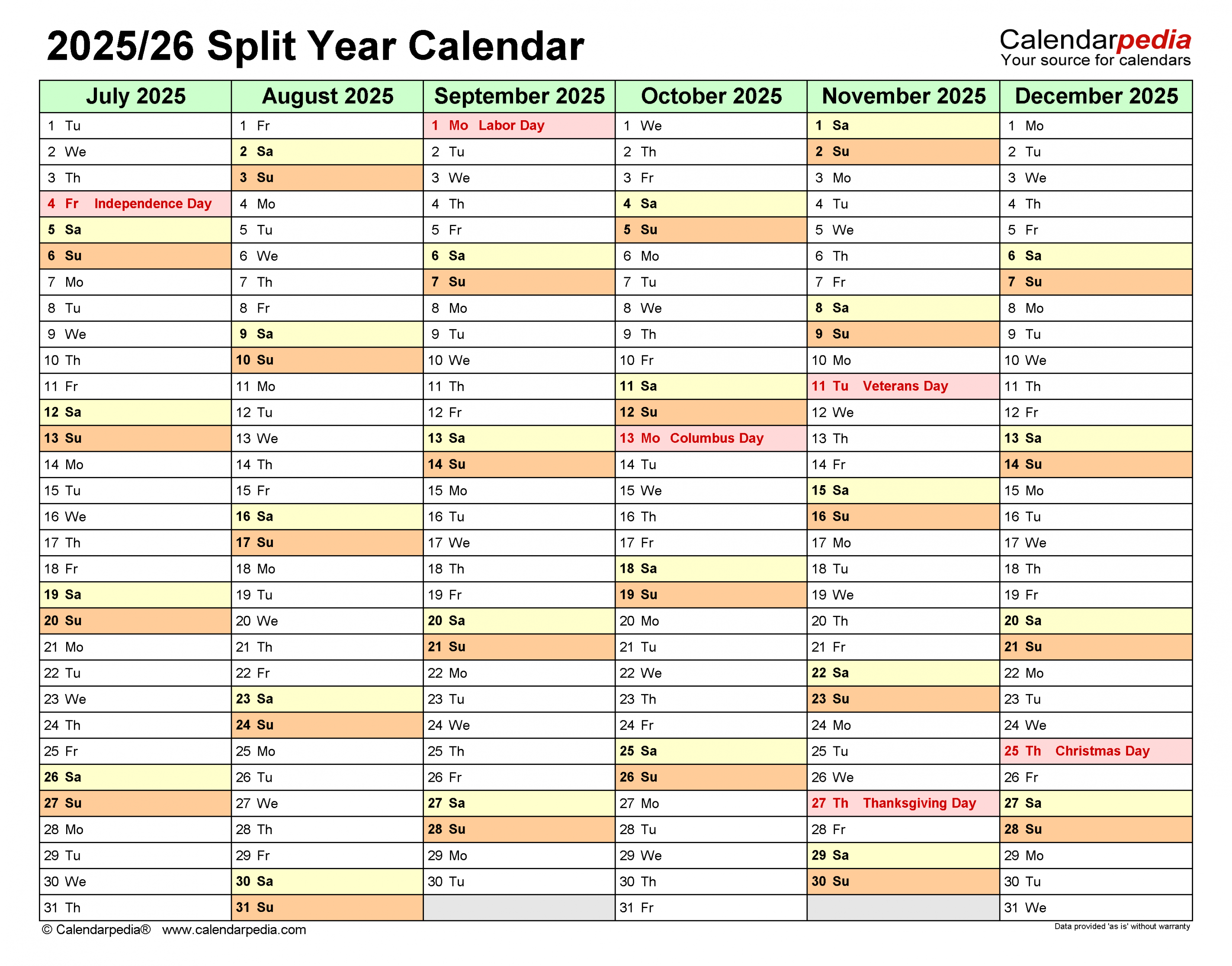 Split Year Calendars / (July to June) - PDF templates