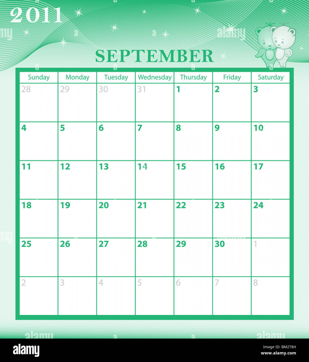 calendar september month with large date boxes cartoon