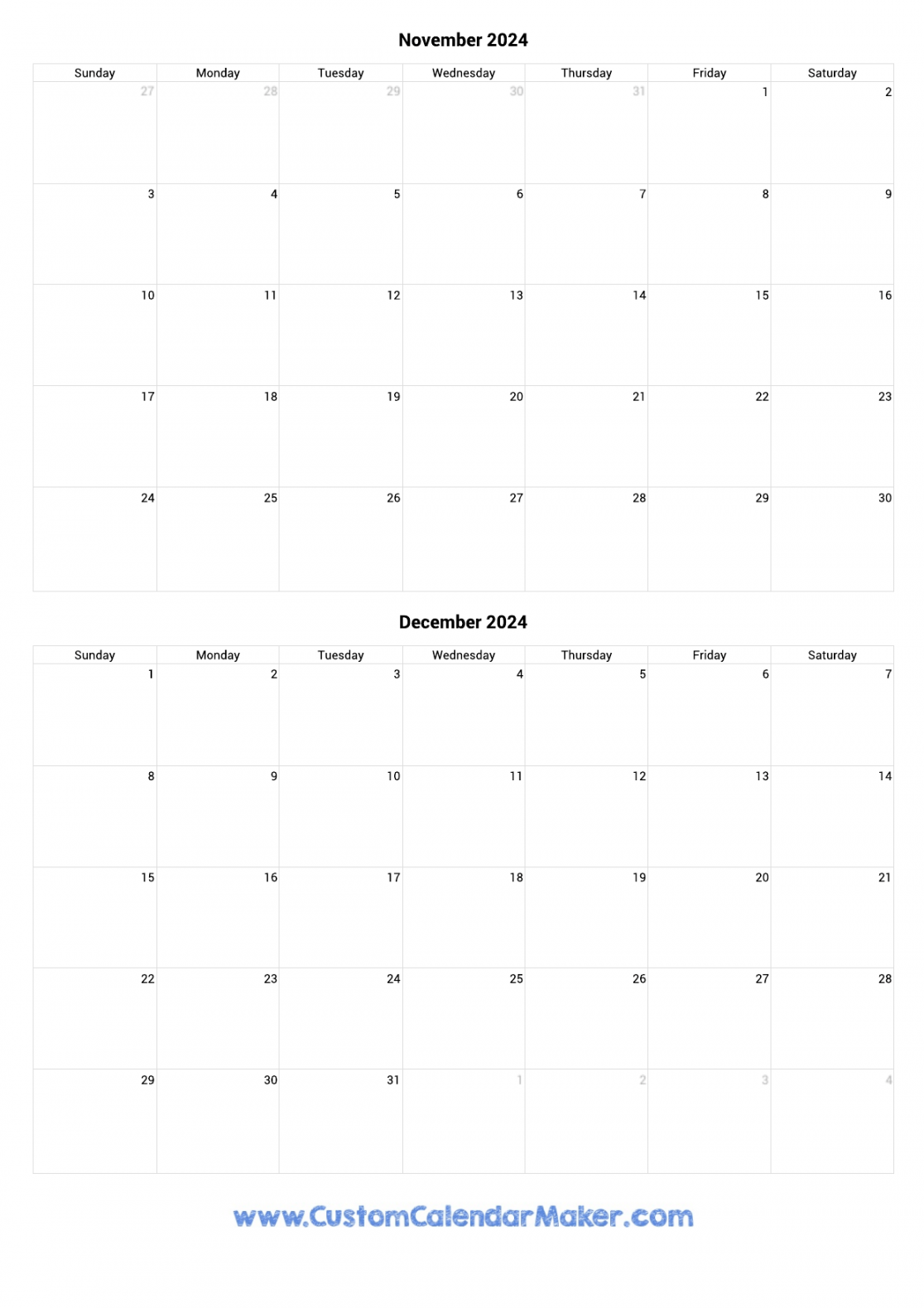 November and December  Printable Calendar Template