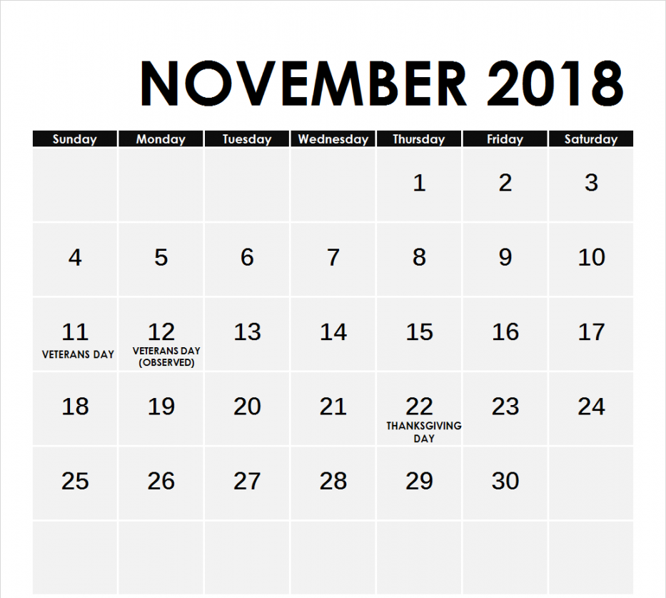 November  Calendar With Holidays List  by Printable Calendar