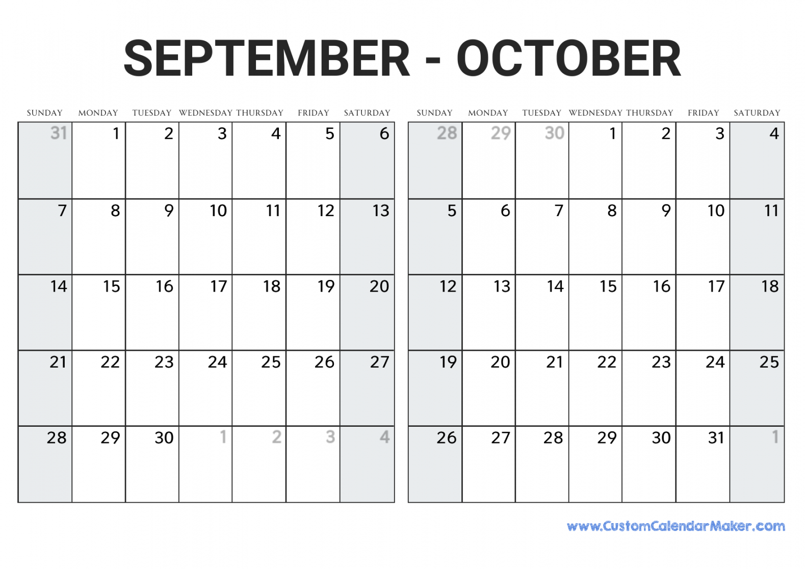 September and October  Printable Calendar Template