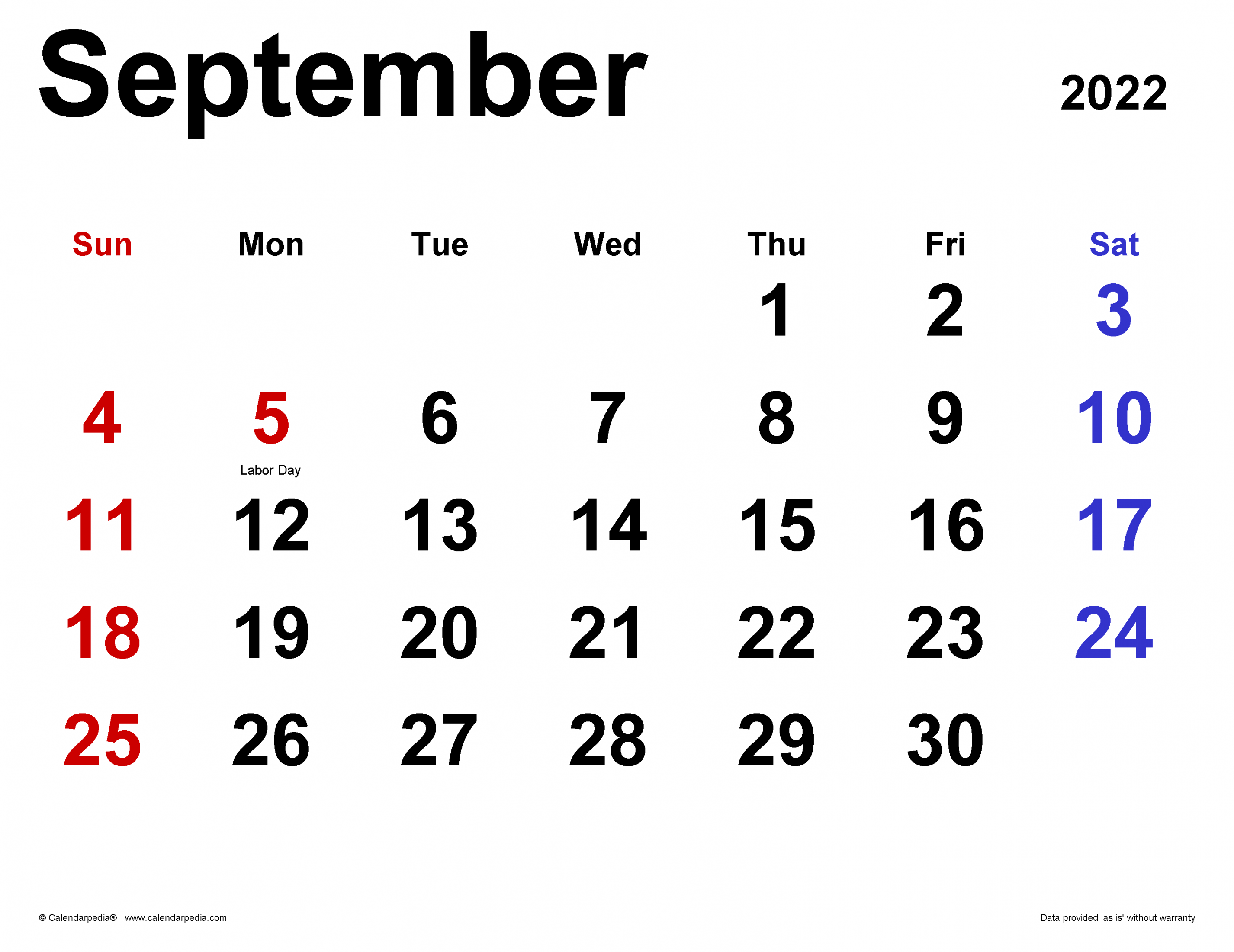 September  Calendar  Templates for Word, Excel and PDF