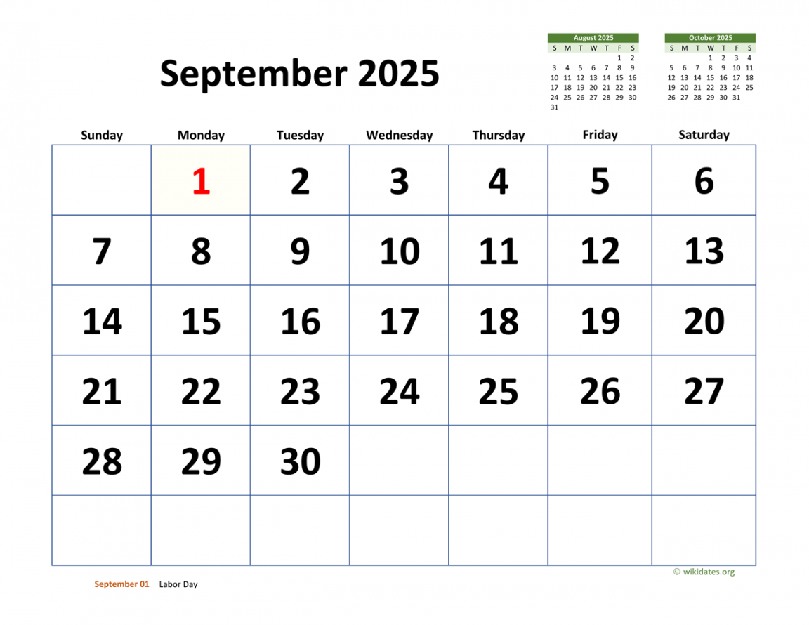 September  Calendar with Extra-large Dates  WikiDates