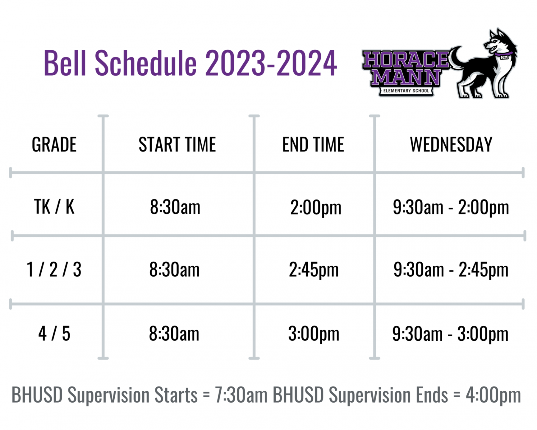 bell schedule about hm horace mann elementary school