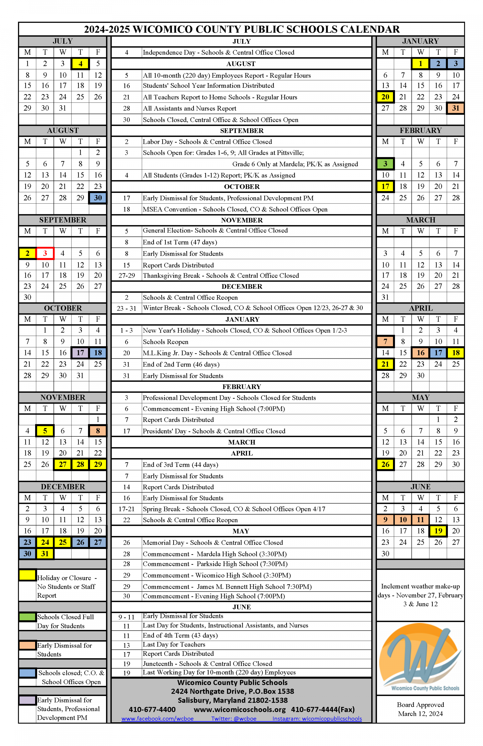 Calendars  Wicomico County Public Schools