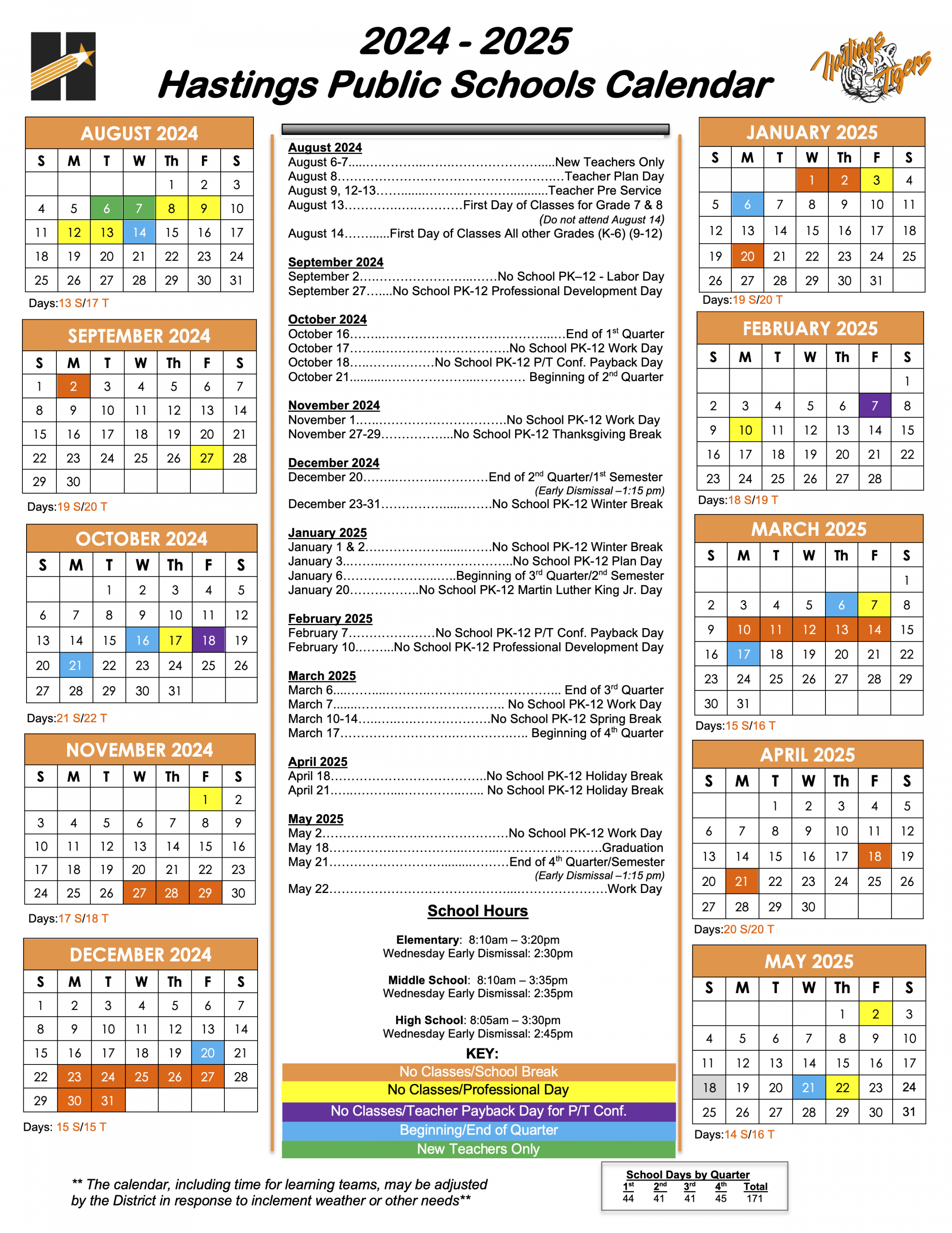 district calendar hastings public schools