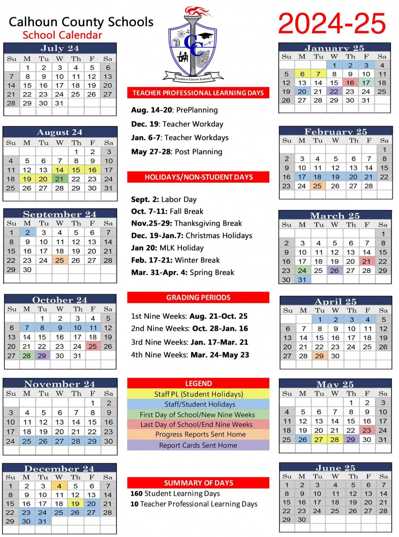 here is the calhoun county school calendar for