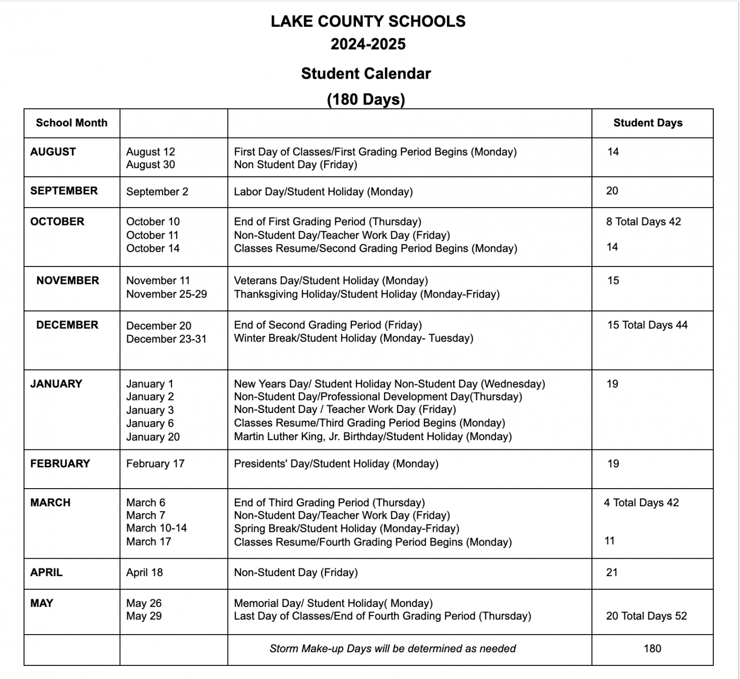 lake county schools calendar holidays academics