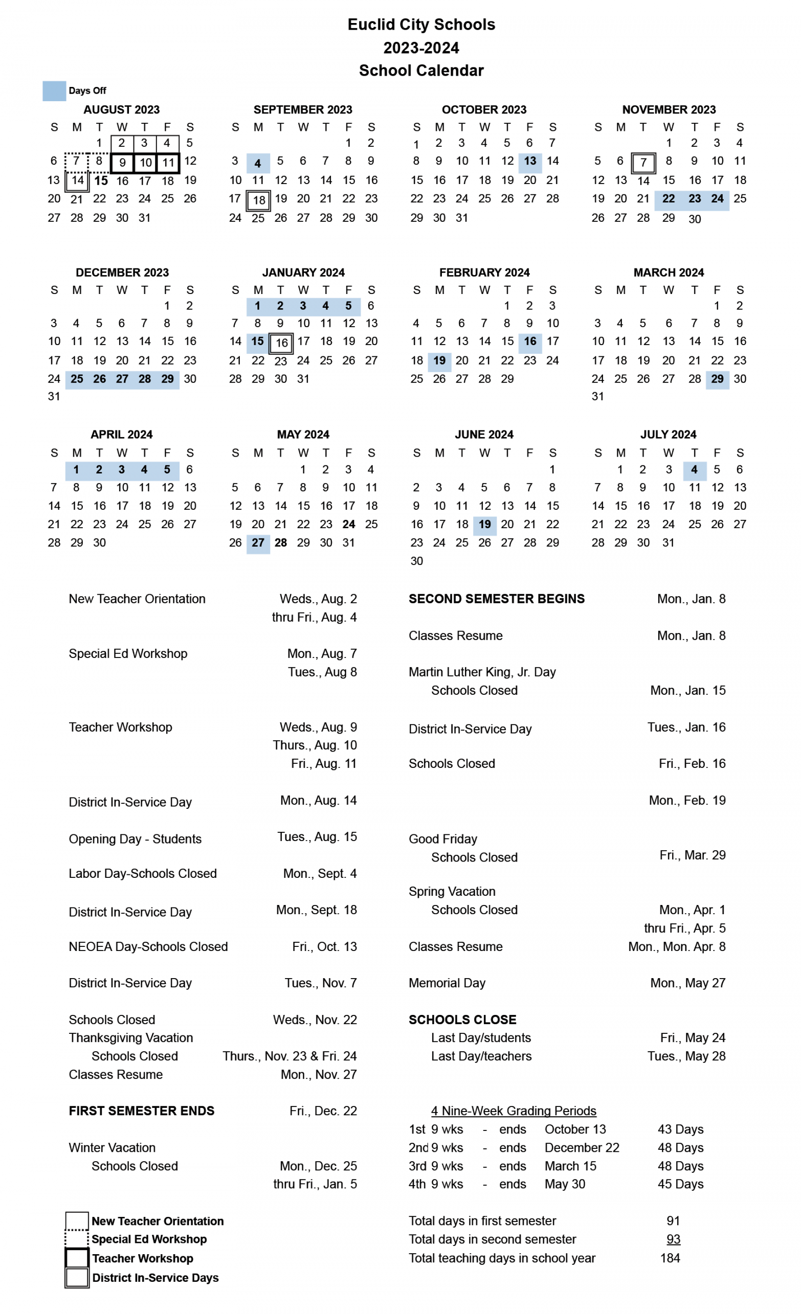 - School Calendar - Euclid Observer