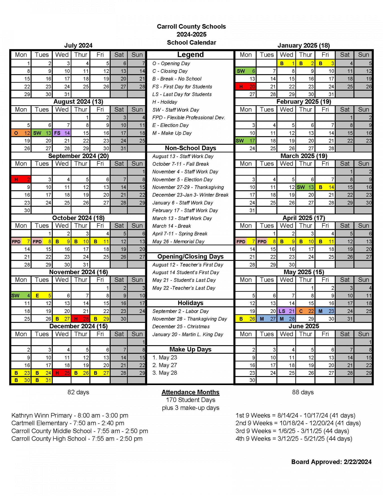 Board Sets - Calendar  Carroll County Schools