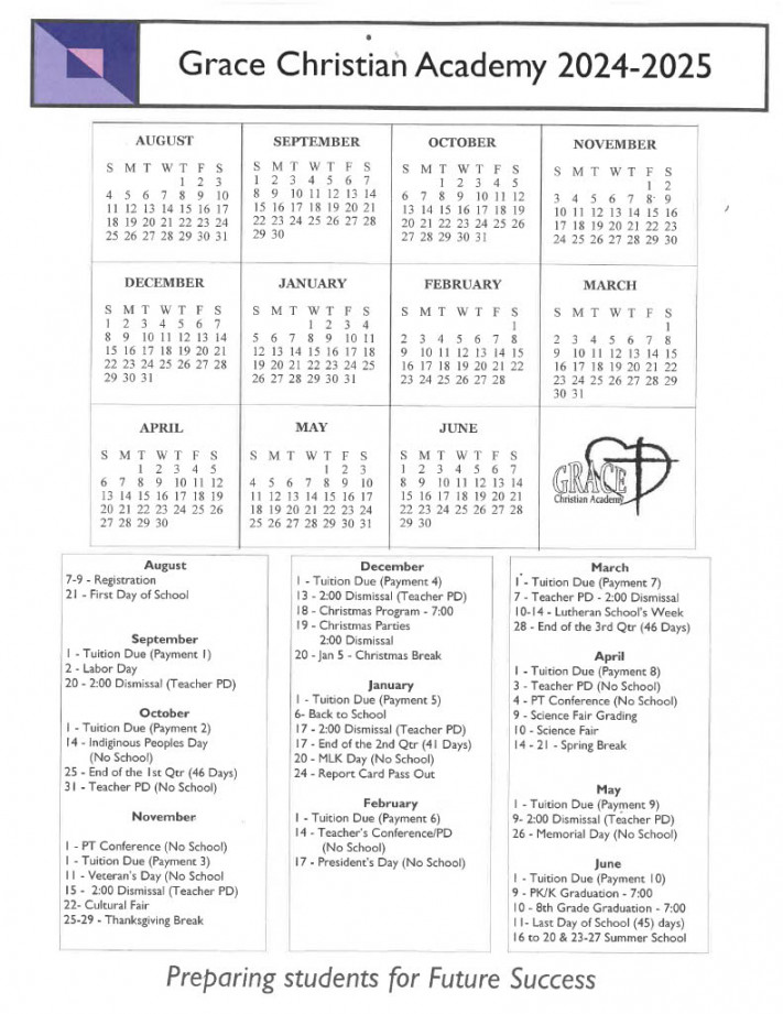 Grace School Year Calendar  GCA - GRACE CHRISTIAN ACADEMY