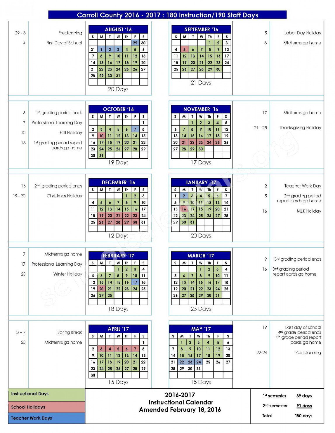 school calendar carroll county school district