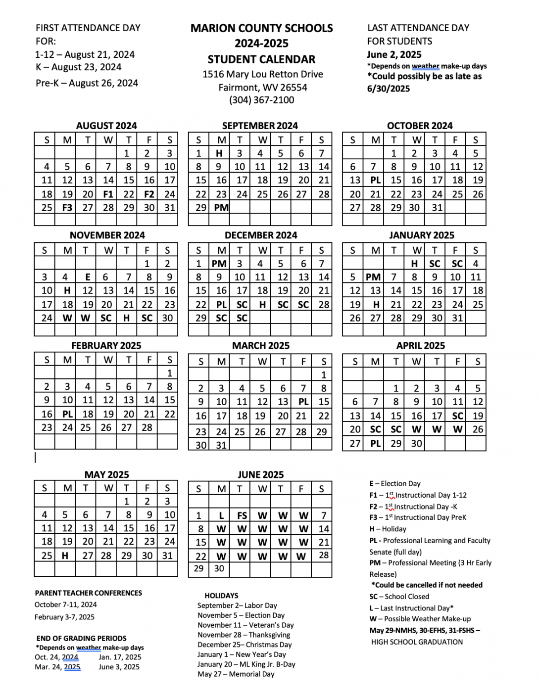 Academic Calendars  Marion County Schools