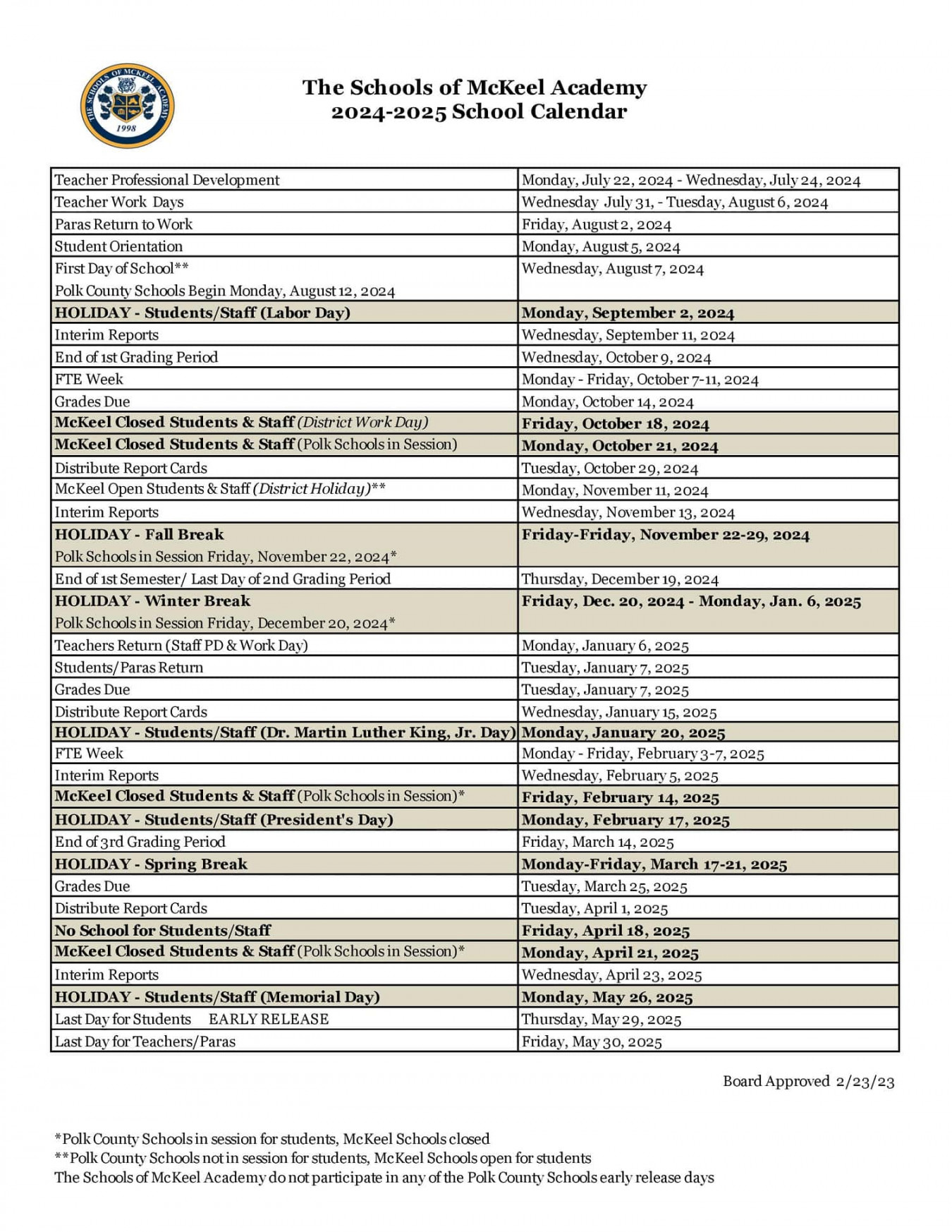 polk county schools calendar public charter private