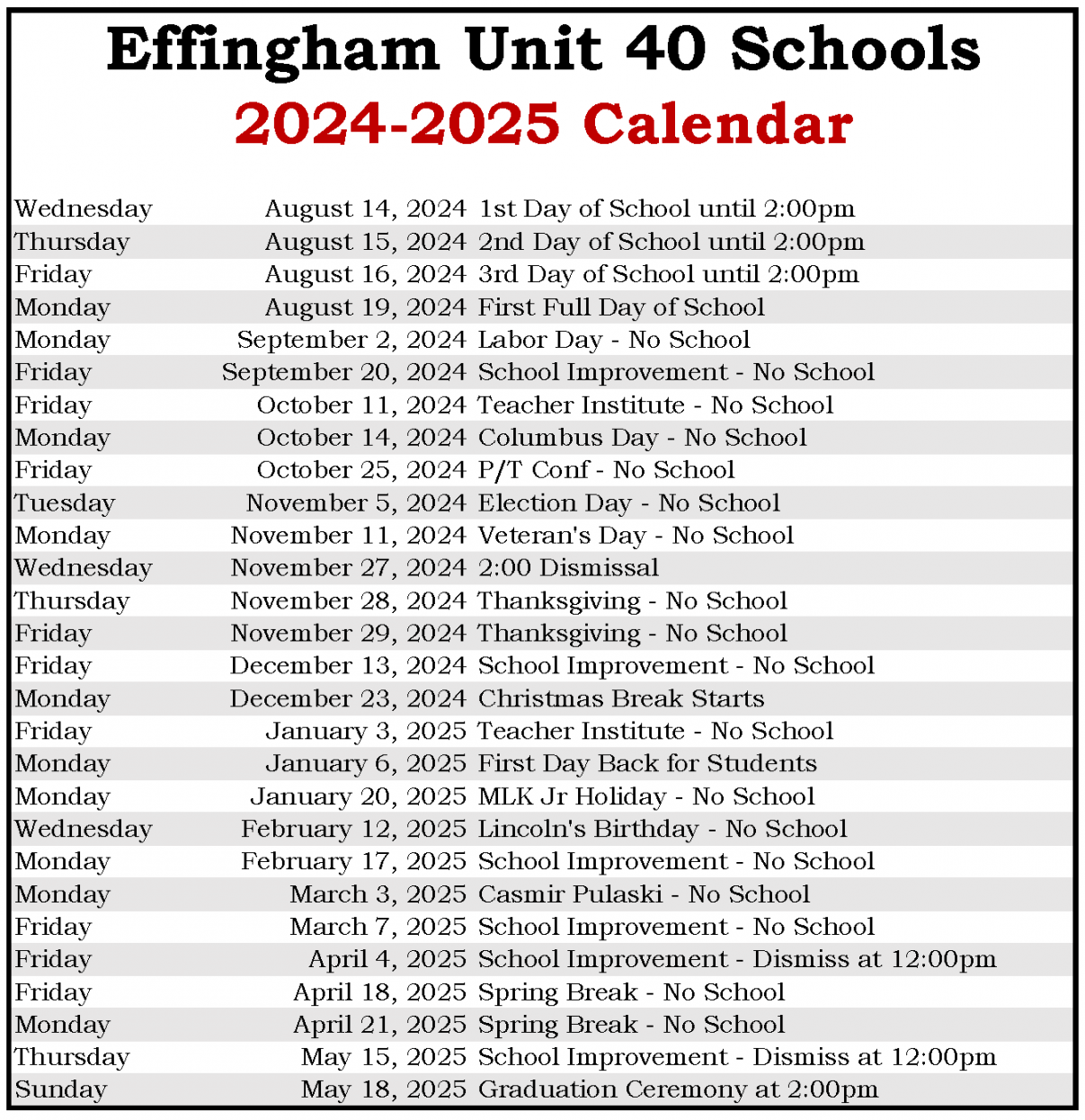 The - School Calendar  Effingham Junior High School