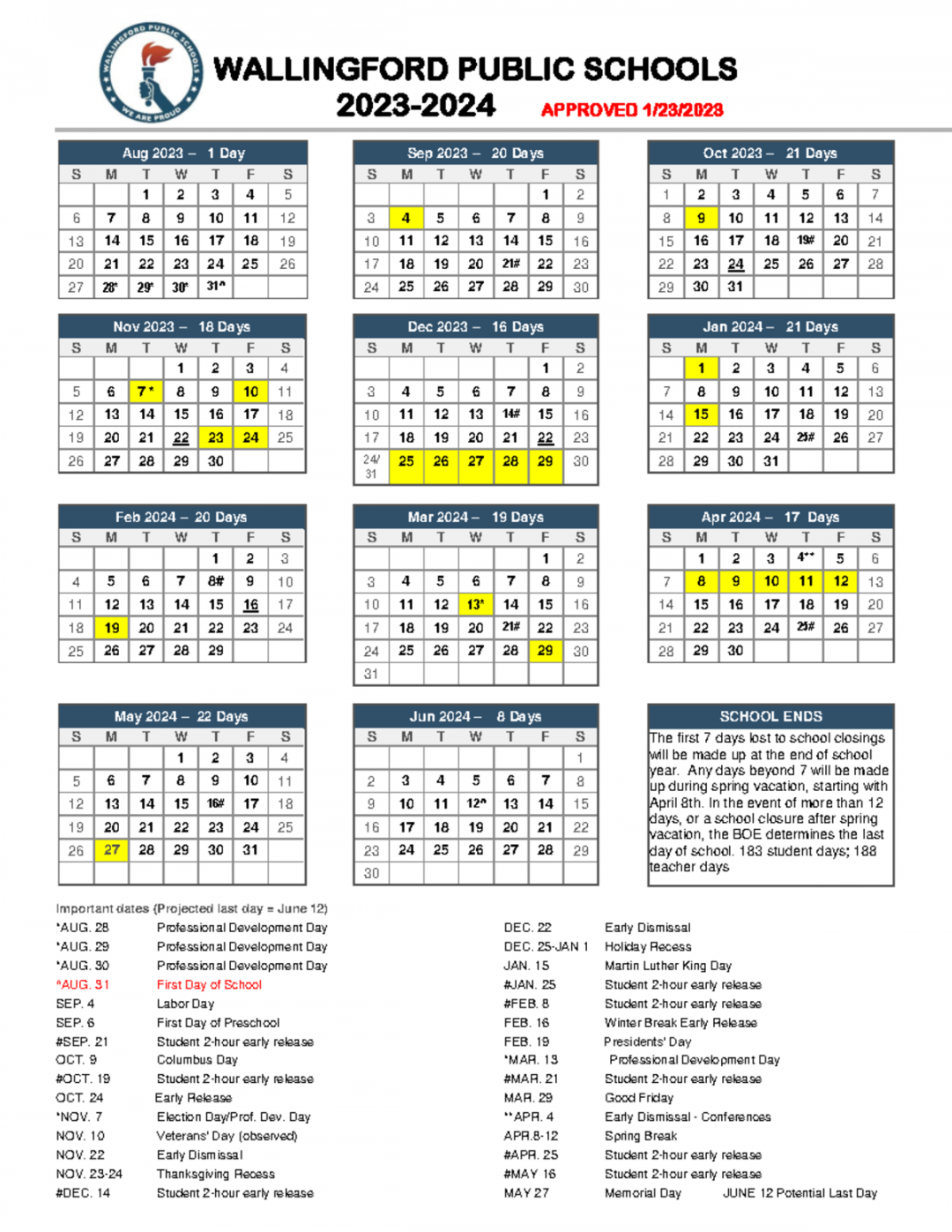 calendar yes wallingford public schools