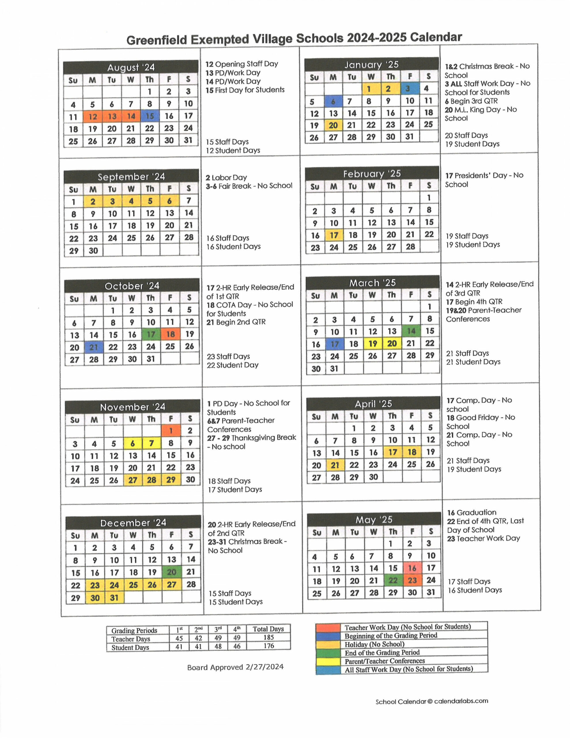 District Calendar  Greenfield Exempted Village School District