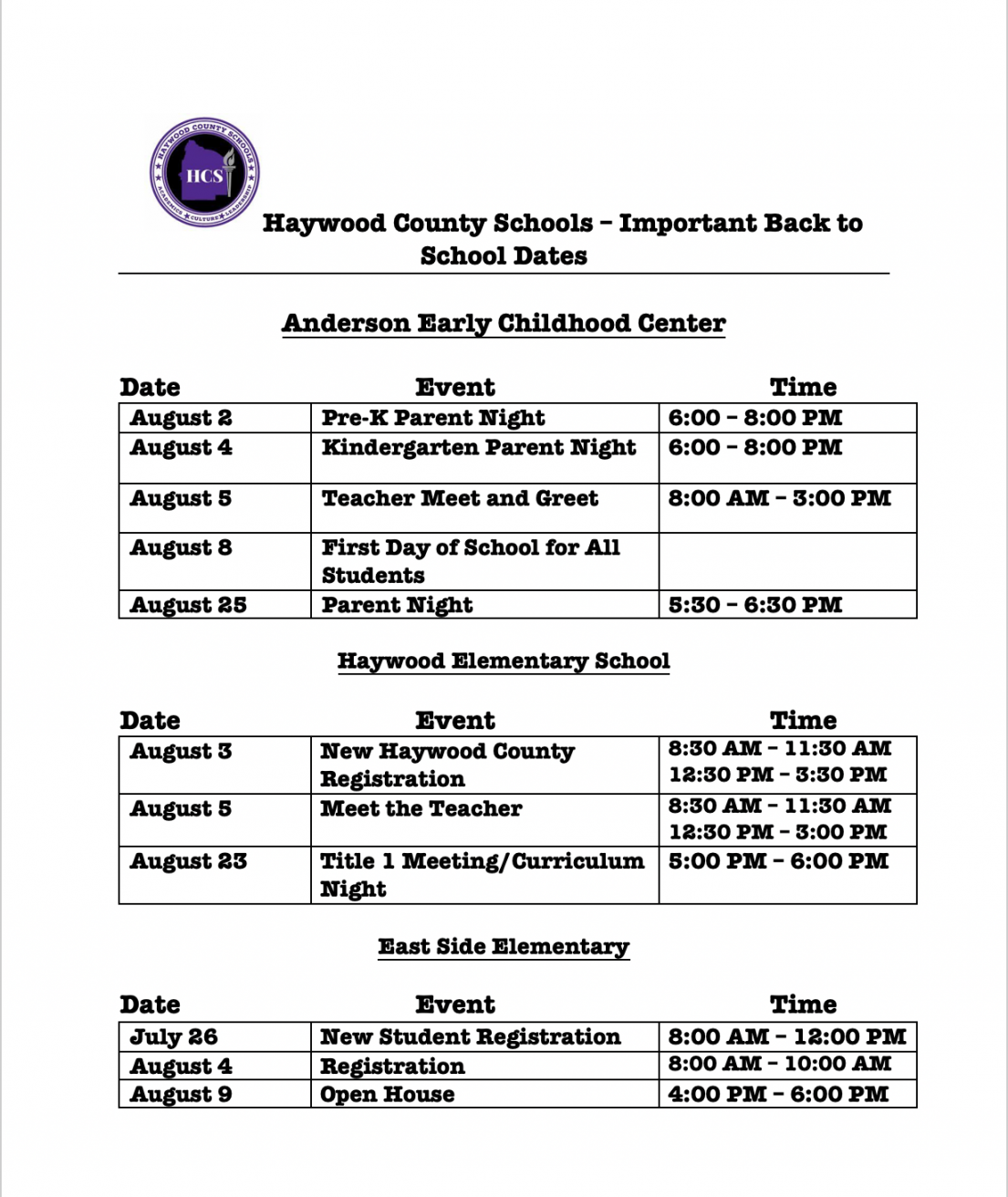 back to school important dates haywood county schools