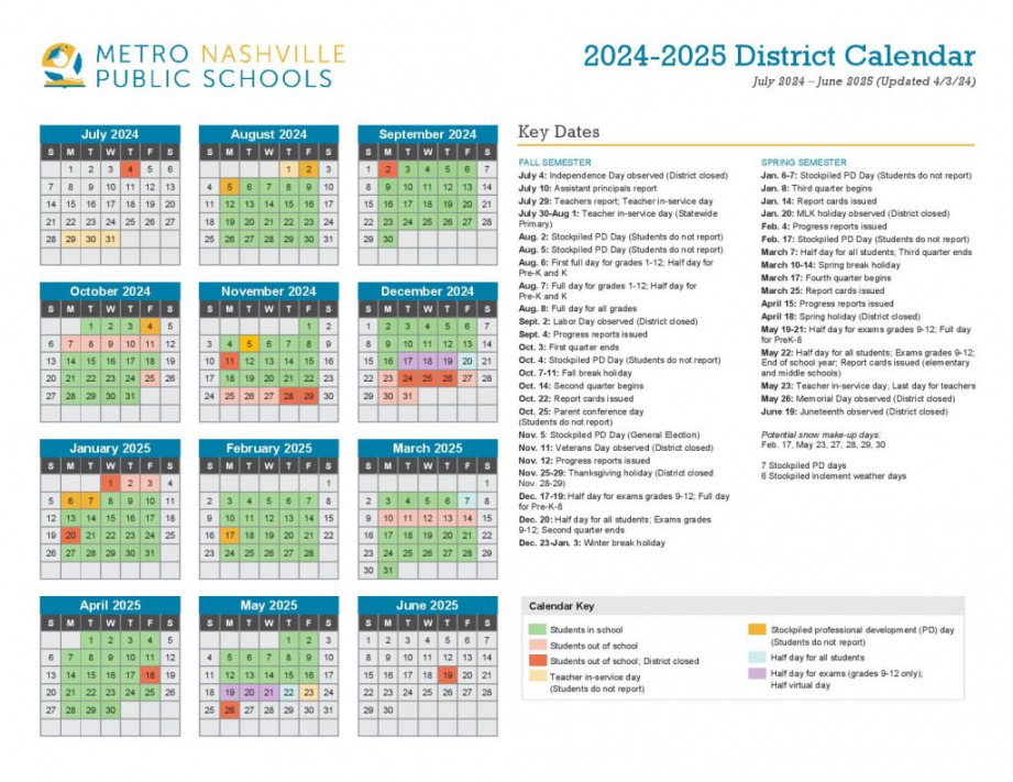 Metro Nashville Public Schools Calendar -  MNPS Holiday