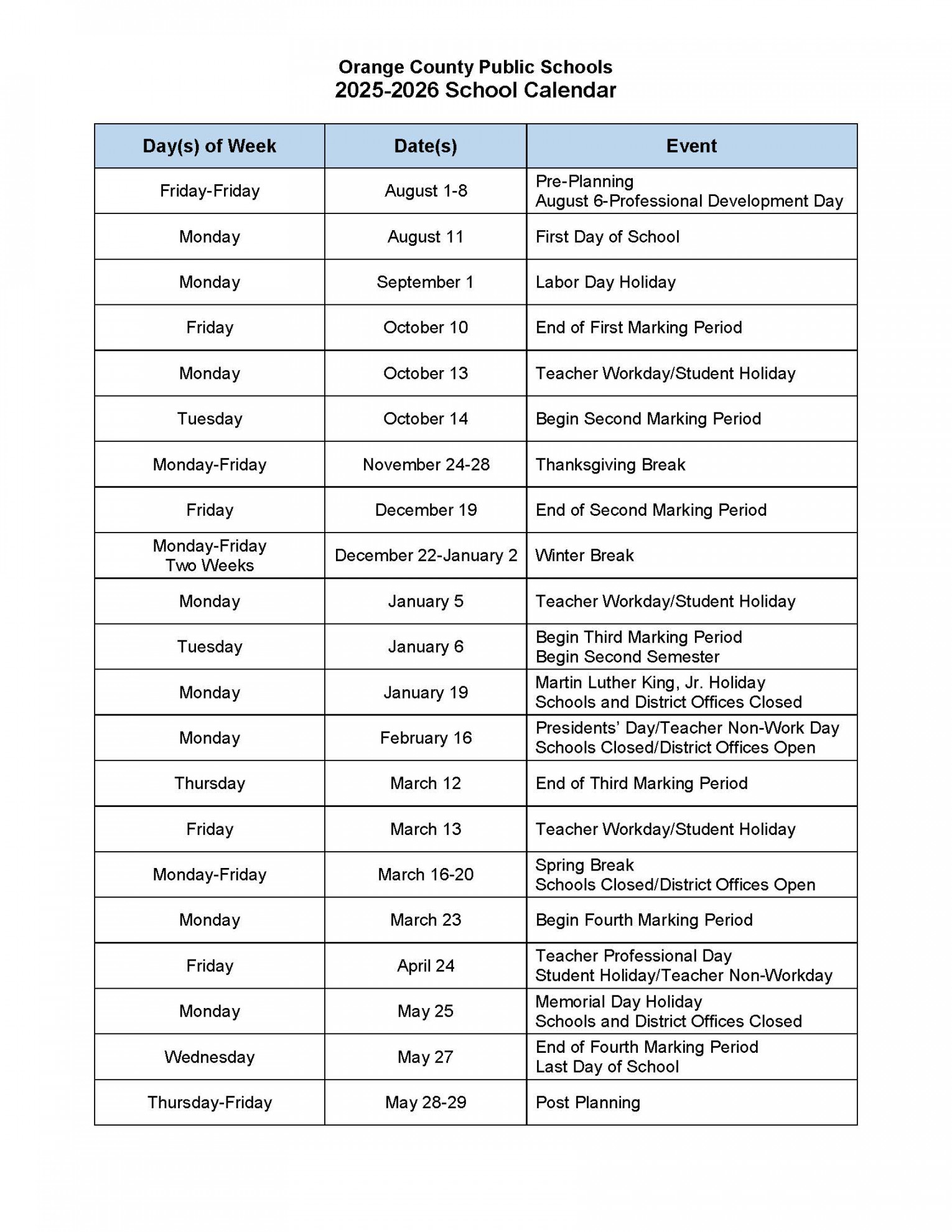 - School Calendar - Water Spring Middle School