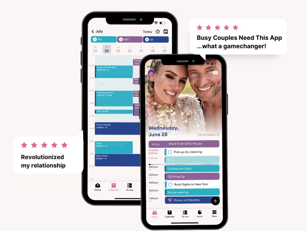 Engaged couple using a shared calendar app for international wedding coordination