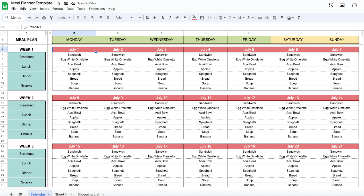 free google sheets meal planner template