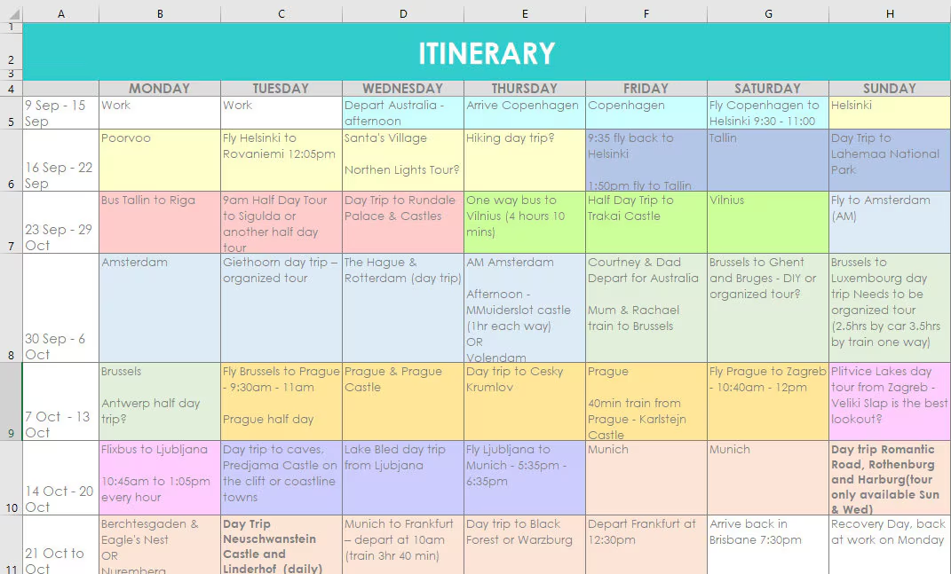 travel planner excel