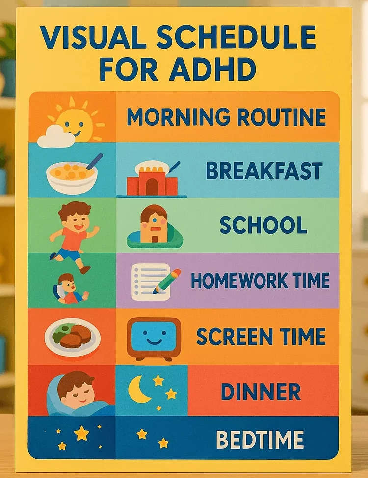 ADHD friendly homeschool daily visual schedule template with color coded routine block