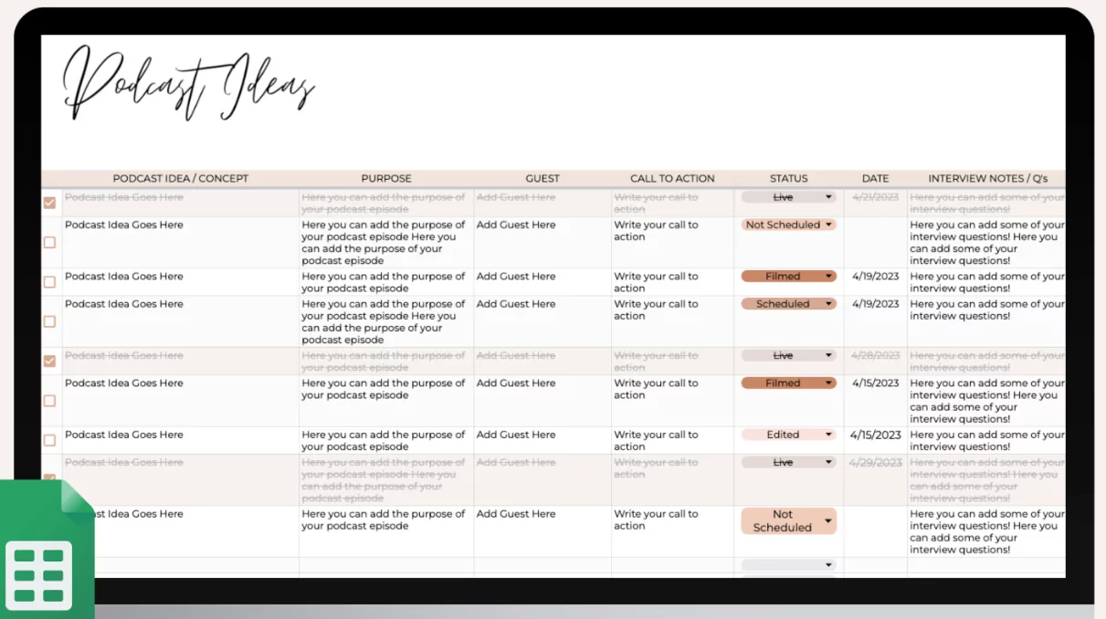 Podcast editorial calendar template spreadsheet for episode planning